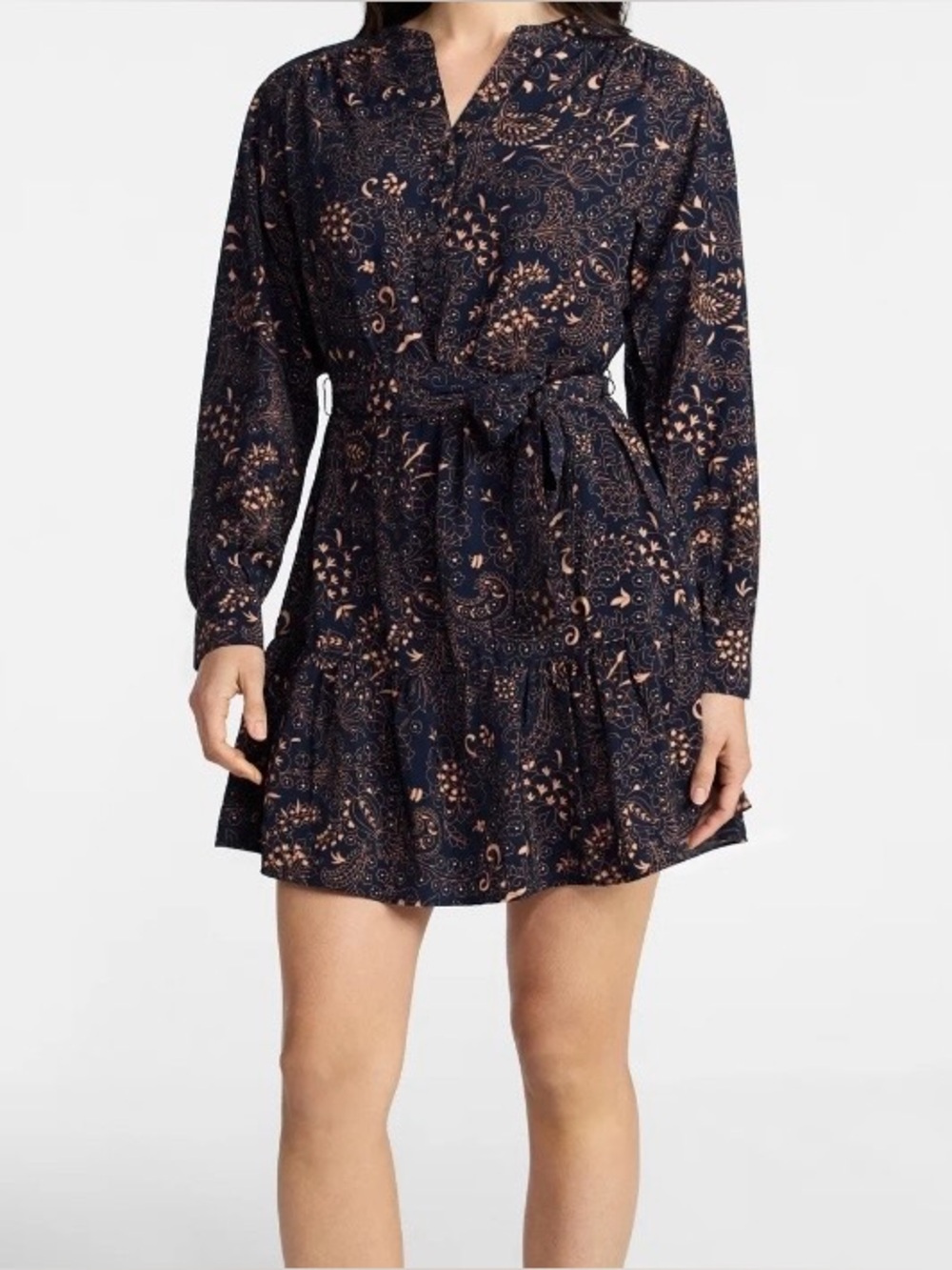 Time and Tru Navy and Tan Paisley Tie-Waist Mini Dress